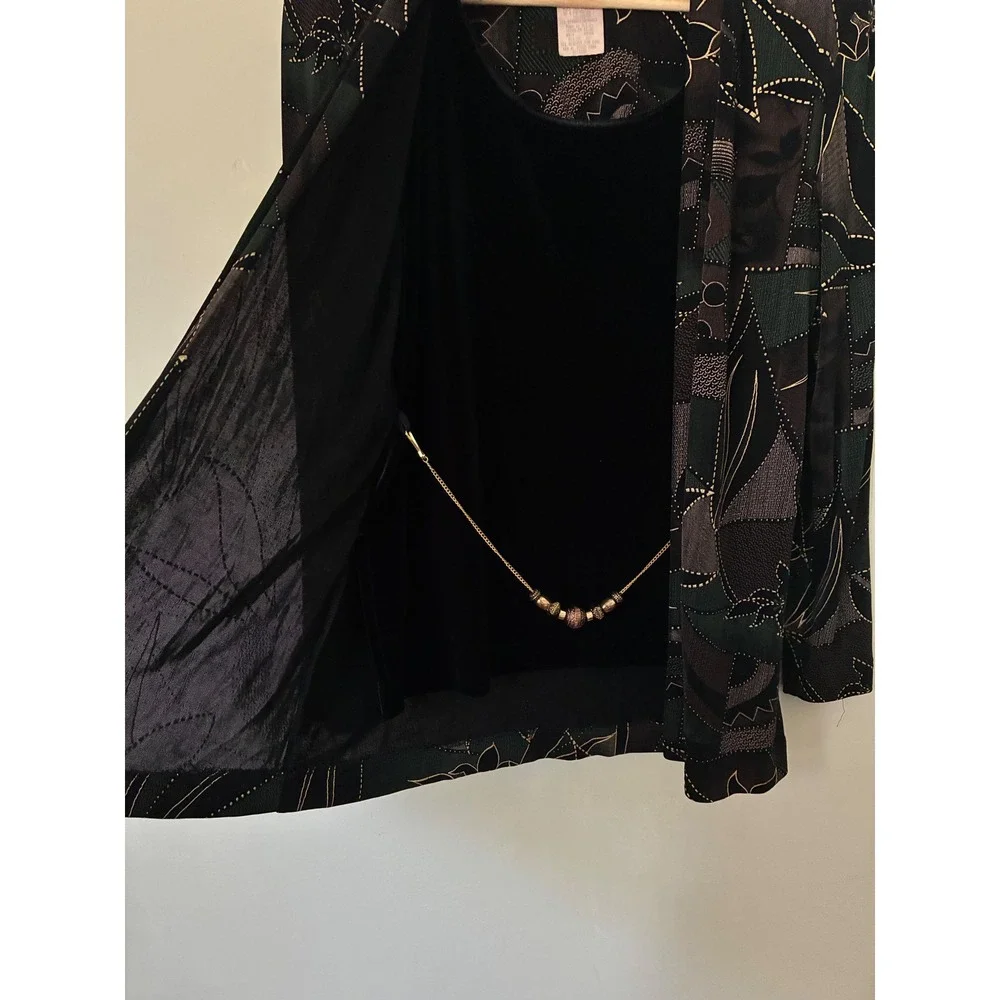 R&M Richards Vintage Grunge Floral Cardigan Set Black Green Petite 6P